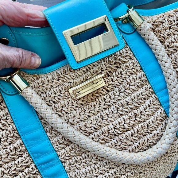 Talbots Woven Tote Bag 100% Paper Straw Leather Trim Gold Hardware Teal & Beige - Picture 11 of 12